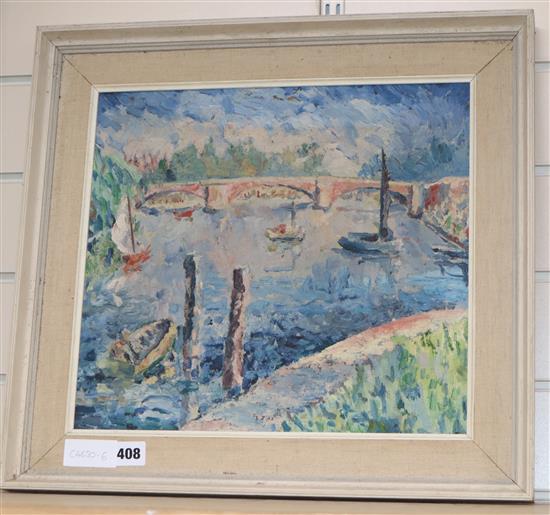 Modern British, oil on board, River landscape with boats and bridge, 33 x 36cm